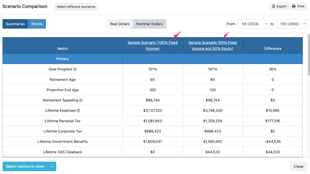 Advisors can compare scenarios in Snap Projections financial planning software