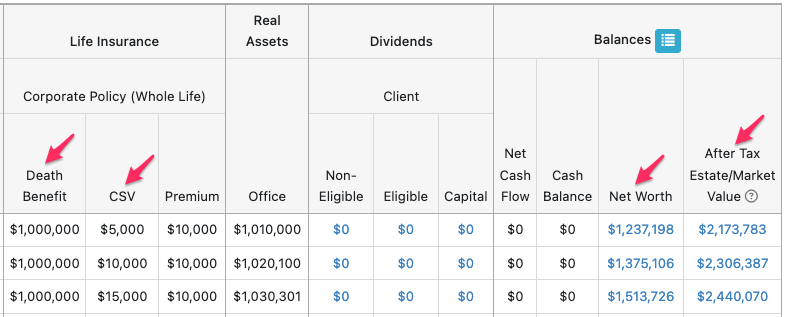 Once the corporate-owned life insurance policy has been entered, select Planning Pages to return to the projection where the Death Benefit, CSV, and Premium will be displayed under the Life Insurance section of the Corporate Planning page.