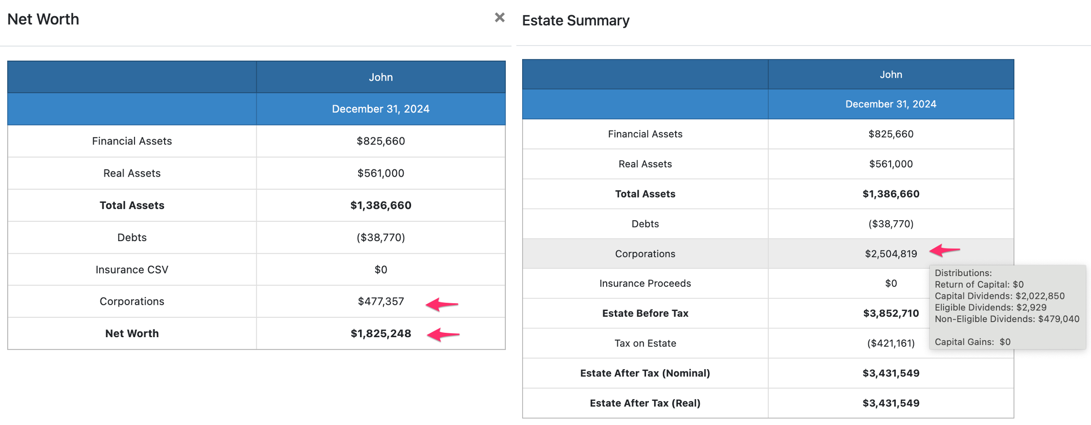 See how the net worth and estate summary charts show both corporate and personal planning elements to provide the client with a holistic financial plan.