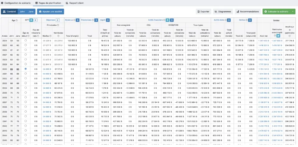 This is the main planning page in Snap Projections financial planning software. Advisors can show their clients their whole life on one page.