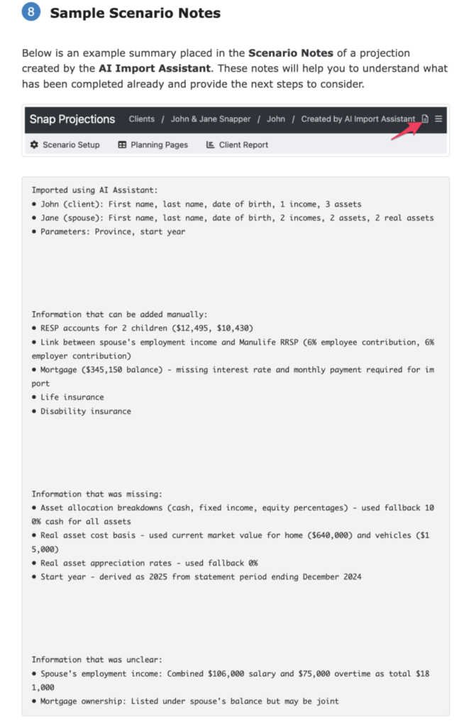 This is what the scenario notes look like after you have uploaded your client docs using the ai data assist feature in Snap Projections.